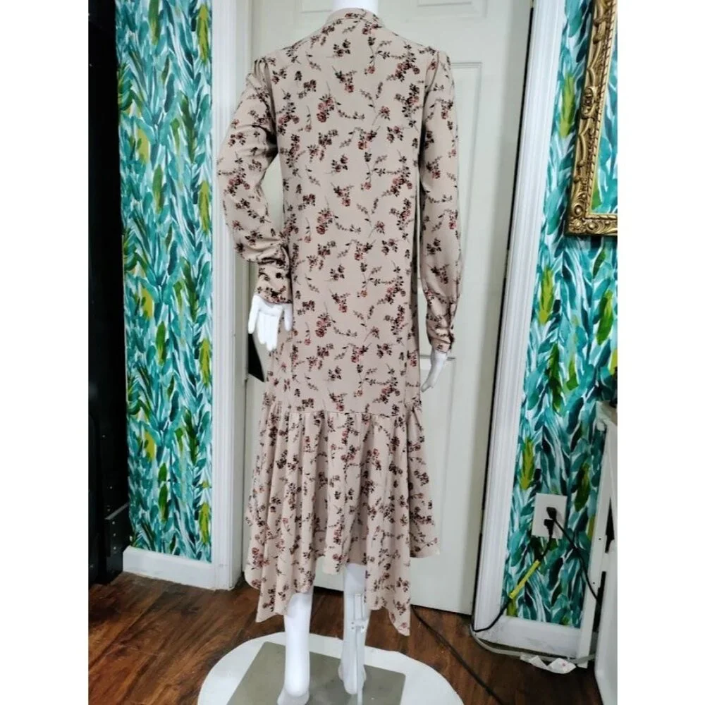 Begonia Puff Long Sleeve High Neck  Floral Print Hi-Low Dress Beige Womens Small - Picture 4 of 15